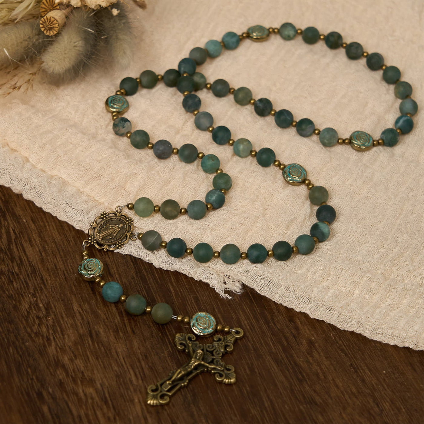 Christianartworkshop Green Agate Prayer Rosary with Bronze Rose Accents: A Sacred Journey of Healing and Faith