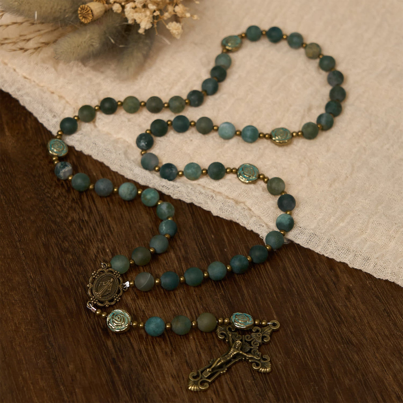 Christianartworkshop Green Agate Prayer Rosary with Bronze Rose Accents: A Sacred Journey of Healing and Faith