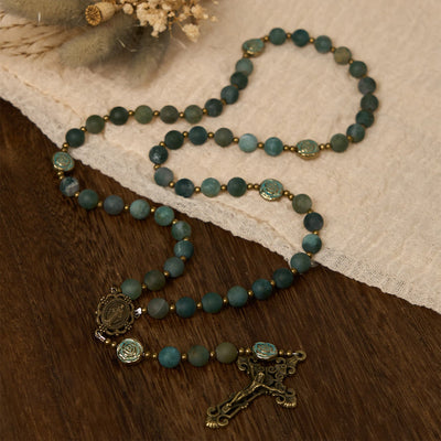 Christianartworkshop Green Agate Prayer Rosary with Bronze Rose Accents: A Sacred Journey of Healing and Faith