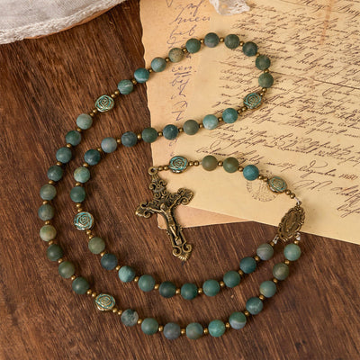 Christianartworkshop Green Agate Prayer Rosary with Bronze Rose Accents: A Sacred Journey of Healing and Faith