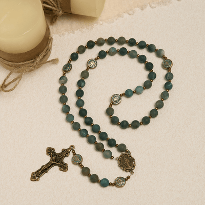 Christianartworkshop Green Agate Prayer Rosary with Bronze Rose Accents: A Sacred Journey of Healing and Faith