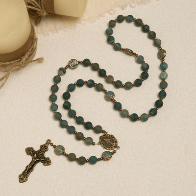 Christianartworkshop Green Agate Prayer Rosary with Bronze Rose Accents: A Sacred Journey of Healing and Faith