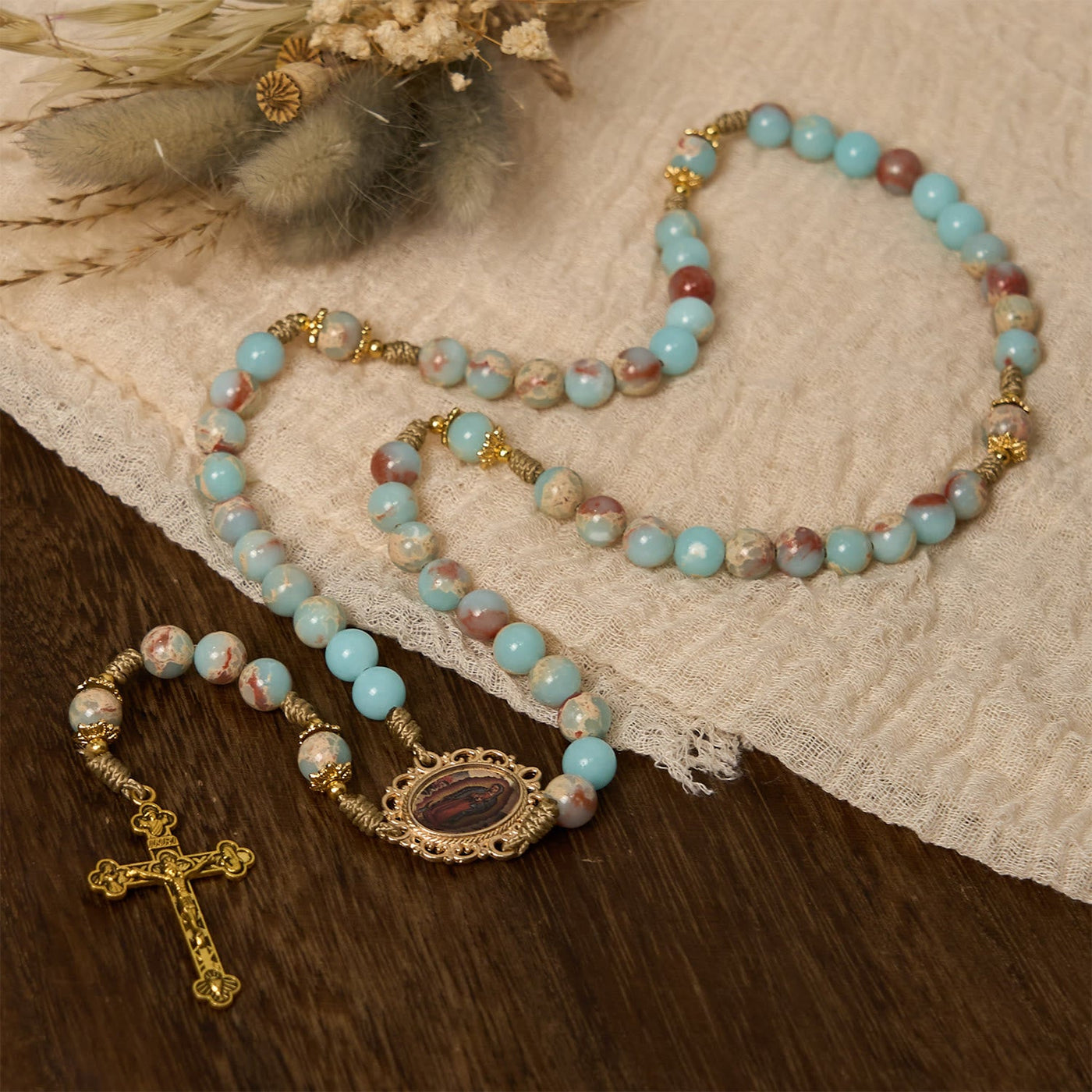 Christianartworkshop Aqua Stone Prayer Rosary with Gold Accents: A Divine Source of Peace and Devotion