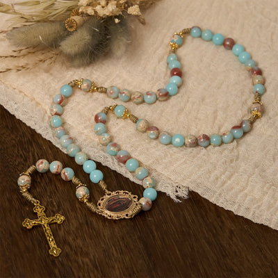Christianartworkshop Aqua Stone Prayer Rosary with Gold Accents: A Divine Source of Peace and Devotion