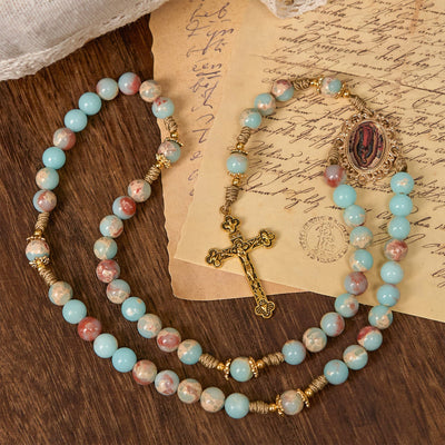 Christianartworkshop Aqua Stone Prayer Rosary with Gold Accents: A Divine Source of Peace and Devotion