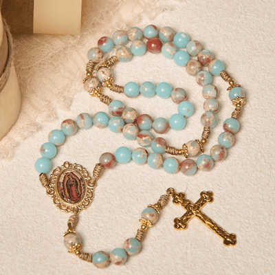Christianartworkshop Aqua Stone Prayer Rosary with Gold Accents: A Divine Source of Peace and Devotion