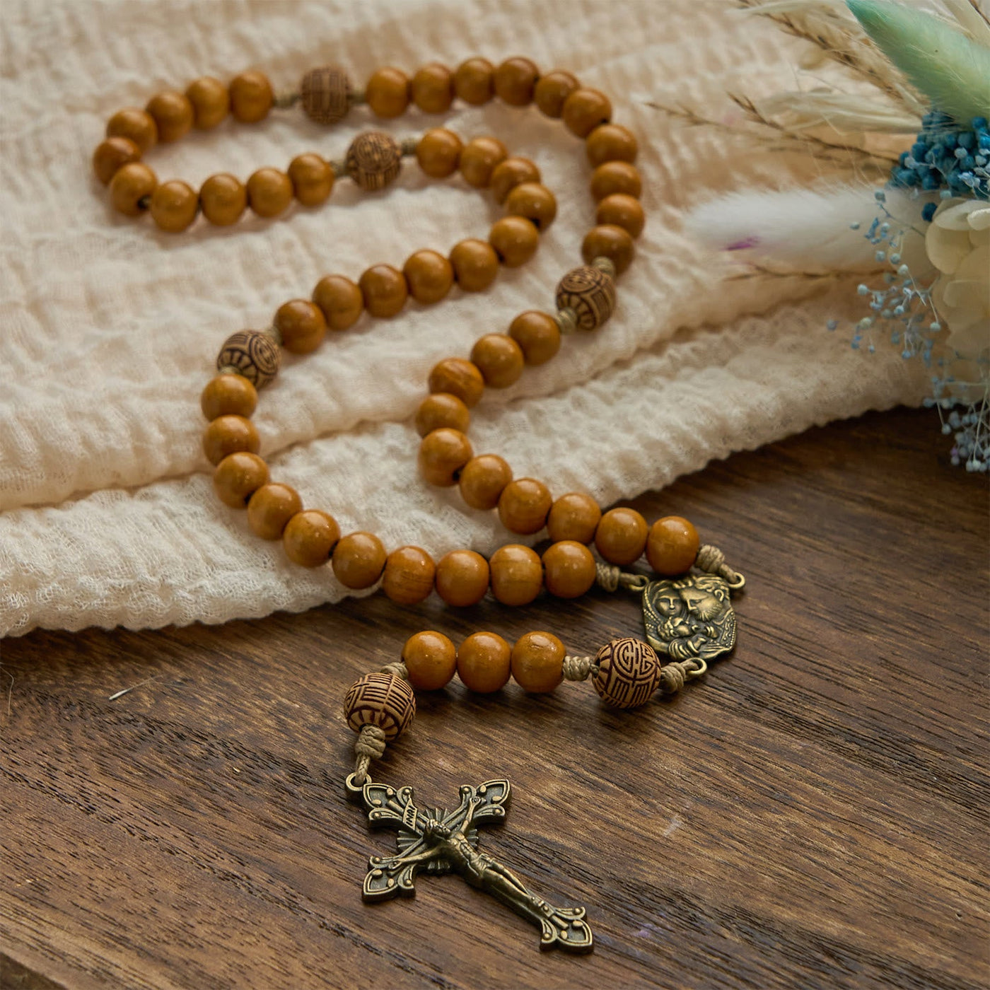 Christianartworkshop Holy Family & Crucifix of 10mm Olive Wood Bead Handmade Rosary for Holy Prayer