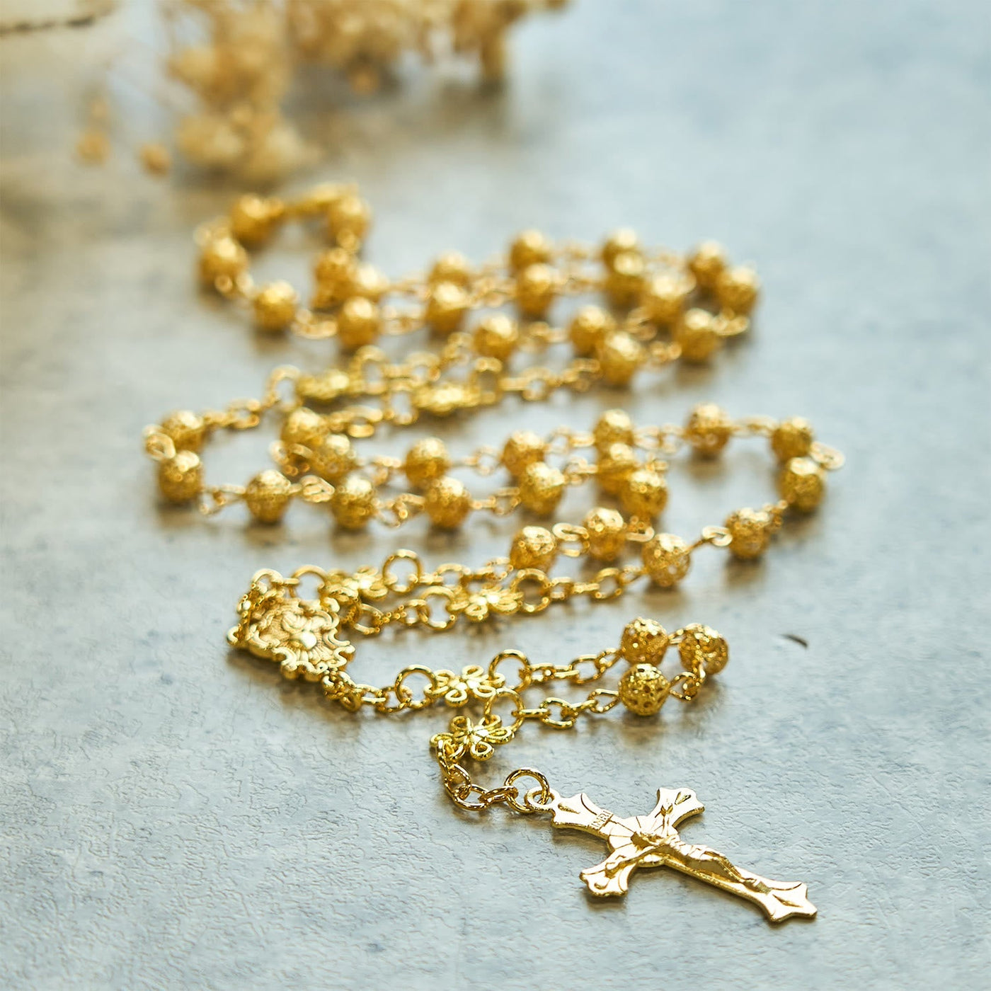 FREE Today: Sacred Heart of Jesus & Crucifix of 6mm Golden Metal Ball Flower Rosary