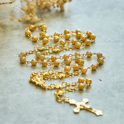 FREE Today: Sacred Heart of Jesus & Crucifix of 6mm Golden Metal Ball Flower Rosary