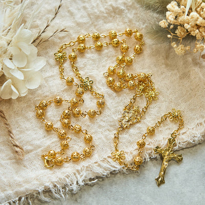 FREE Today: Sacred Heart of Jesus & Crucifix of 6mm Golden Metal Ball Flower Rosary