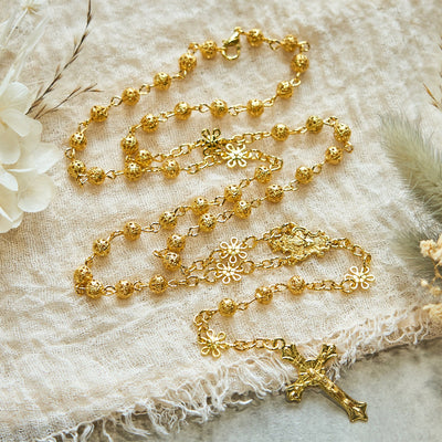 FREE Today: Sacred Heart of Jesus & Crucifix of 6mm Golden Metal Ball Flower Rosary