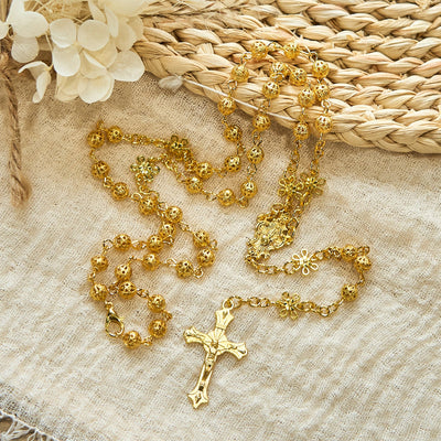FREE Today: Sacred Heart of Jesus & Crucifix of 6mm Golden Metal Ball Flower Rosary