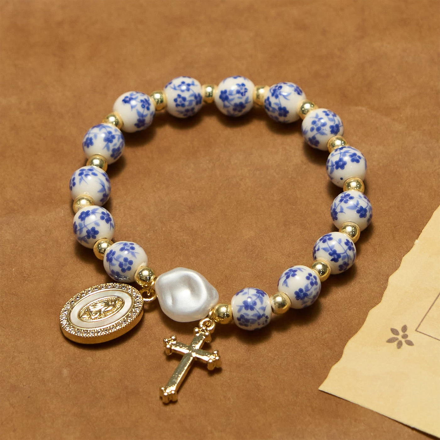 Christianartworkshop Our Lady Medal & Cross Floral-Inspired Bracelet: Faith Meets Style