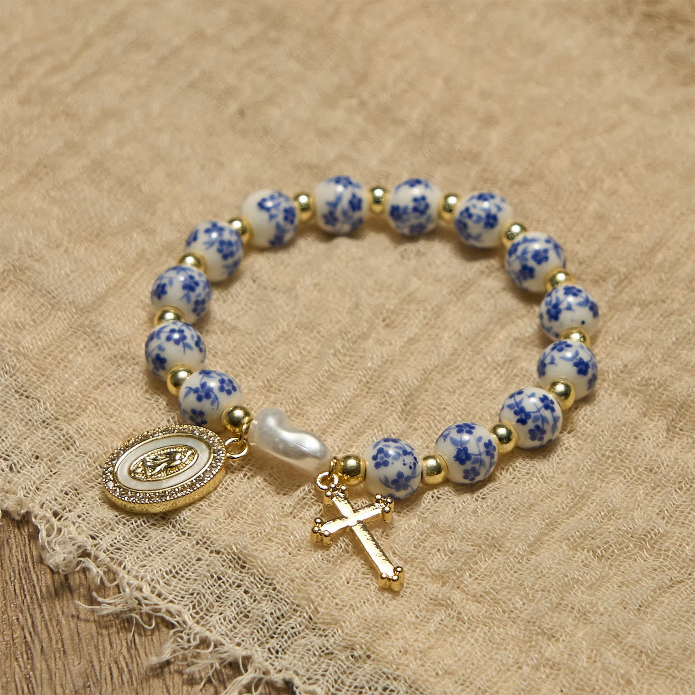 Christianartworkshop Our Lady Medal & Cross Floral-Inspired Bracelet: Faith Meets Style