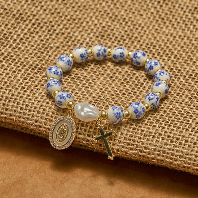 Christianartworkshop Our Lady Medal & Cross Floral-Inspired Bracelet: Faith Meets Style