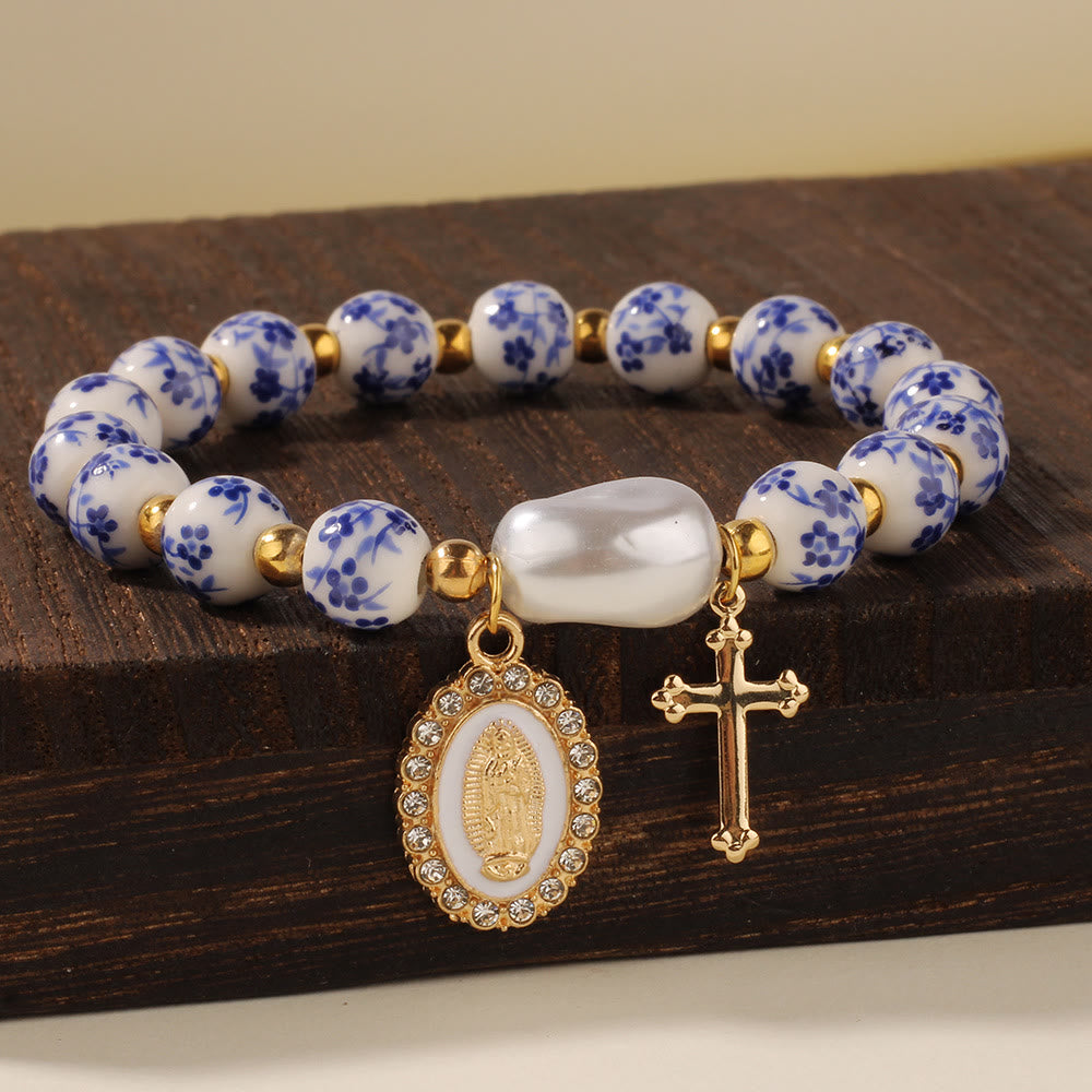 Christianartworkshop Our Lady Medal & Cross Floral-Inspired Bracelet: Faith Meets Style
