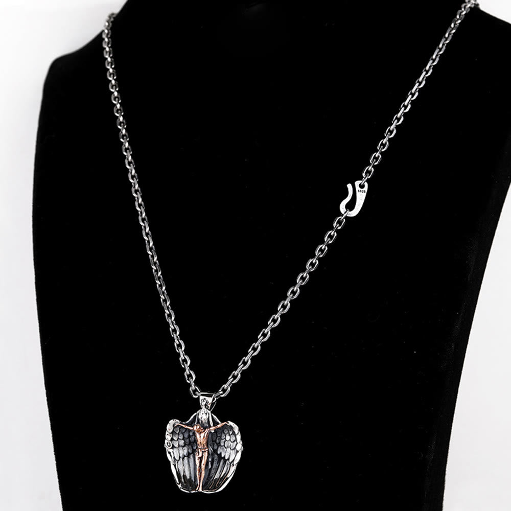 Christianartworkshop 925 Sterling Silver Crucifix with Angel Wings Vintage Necklace: Distinctive Emblem of Divine Grace