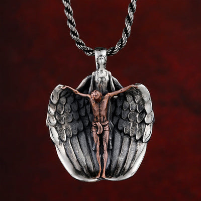 Christianartworkshop 925 Sterling Silver Crucifix with Angel Wings Vintage Necklace: Distinctive Emblem of Divine Grace