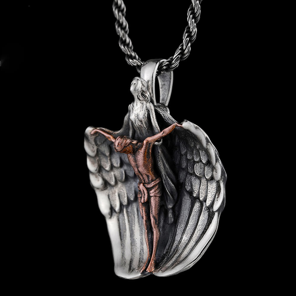 Christianartworkshop 925 Sterling Silver Crucifix with Angel Wings Vintage Necklace: Distinctive Emblem of Divine Grace