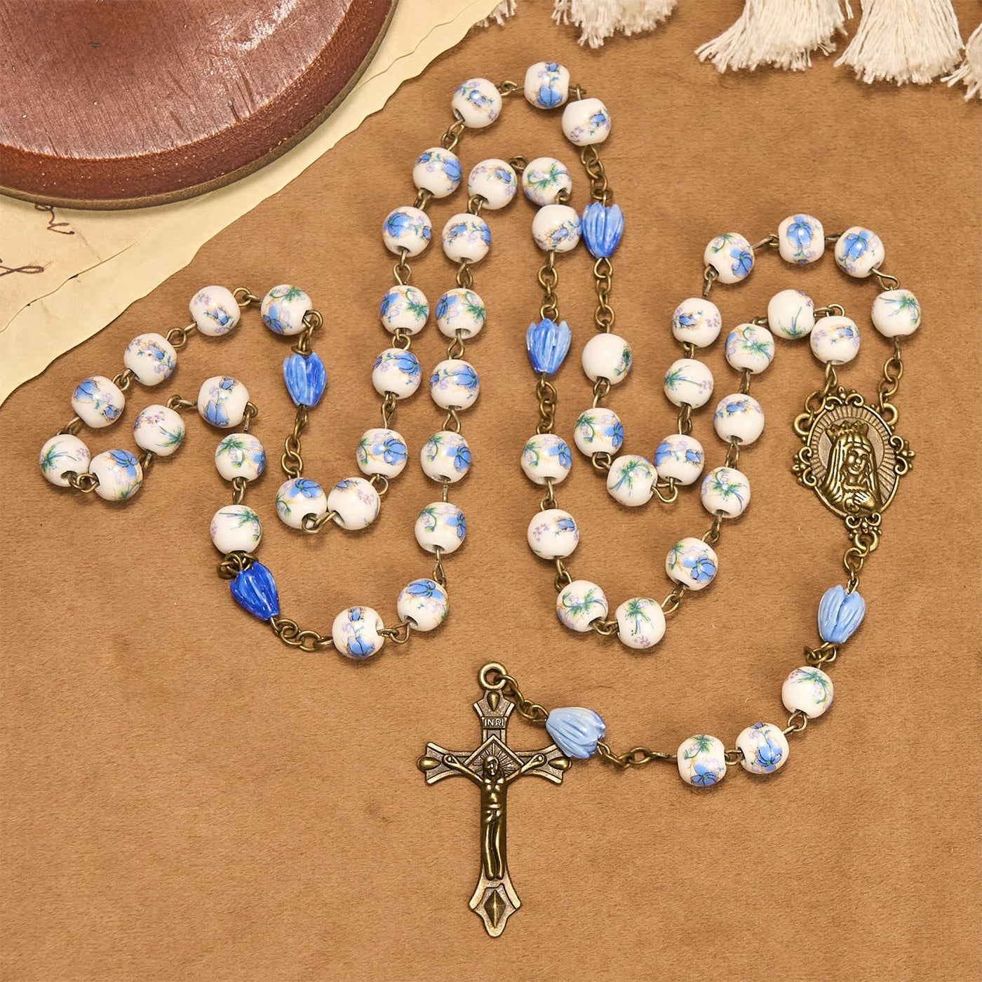 FREE Today: Immaculate Heart of Mary & Crucifix of 8 mm Round Blue Floral Acrylic Alloy Chain Rosary