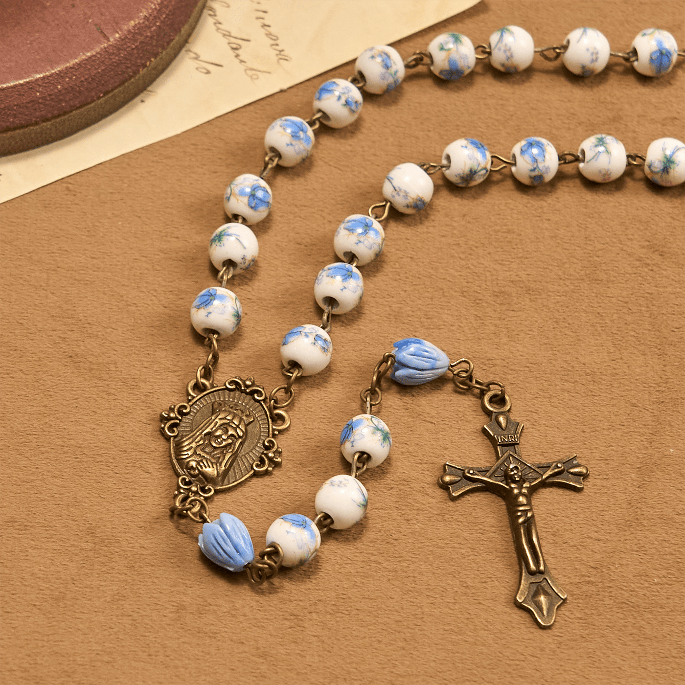 FREE Today: Immaculate Heart of Mary & Crucifix of 8 mm Round Blue Floral Acrylic Alloy Chain Rosary