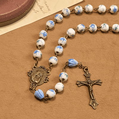 FREE Today: Immaculate Heart of Mary & Crucifix of 8 mm Round Blue Floral Acrylic Alloy Chain Rosary