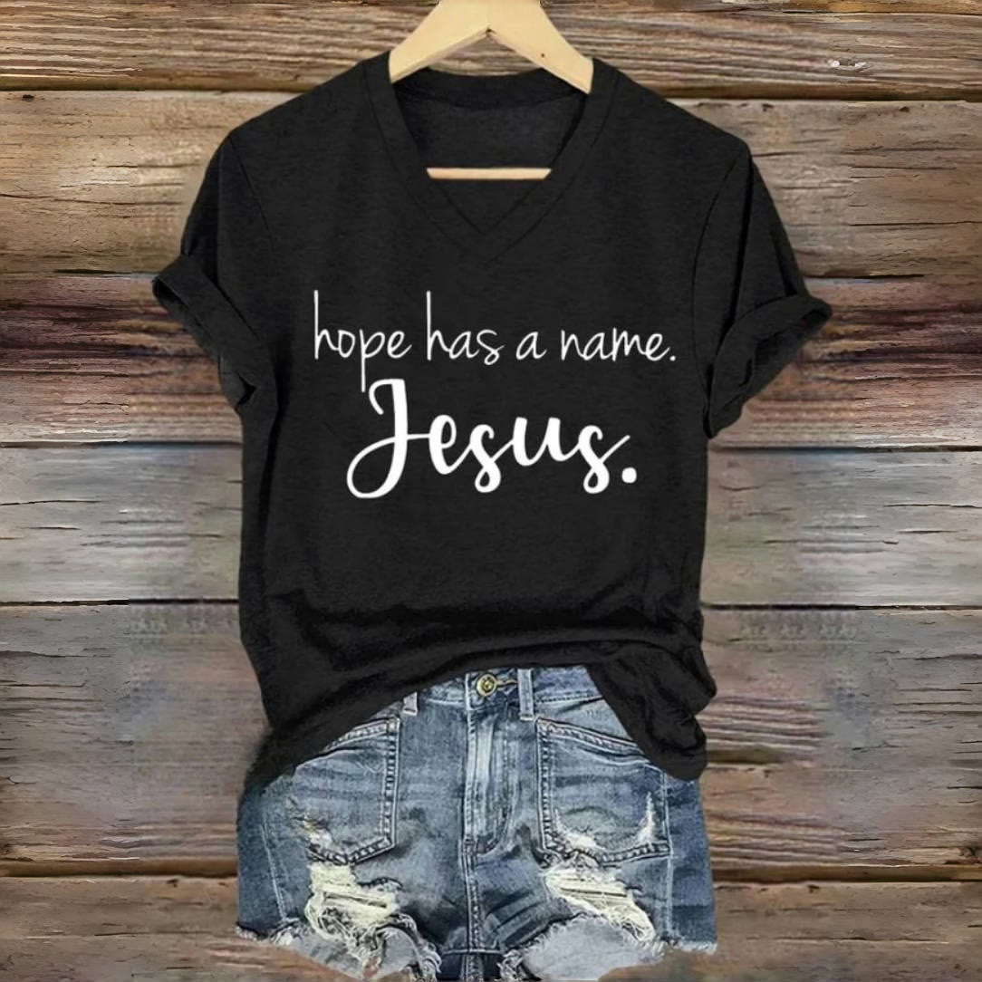 Christianartworkshop Hope Has A Name Jesus Print V-Neck T-shirt