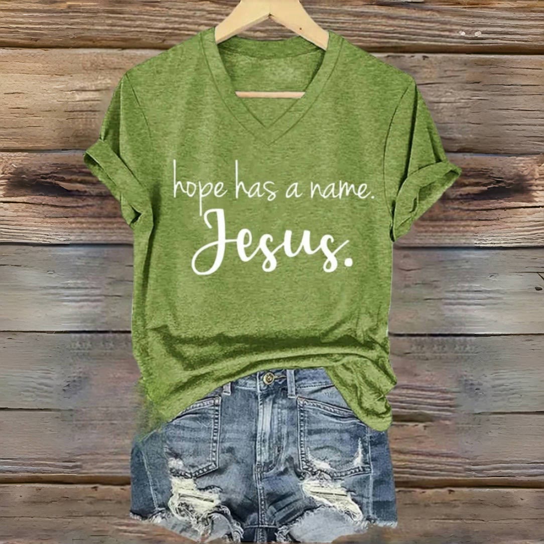 Christianartworkshop Hope Has A Name Jesus Print V-Neck T-shirt