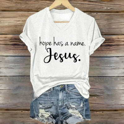 Christianartworkshop Hope Has A Name Jesus Print V-Neck T-shirt