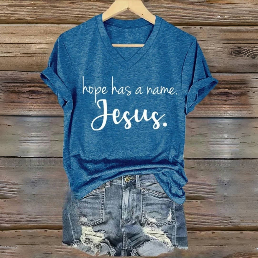 Christianartworkshop Hope Has A Name Jesus Print V-Neck T-shirt