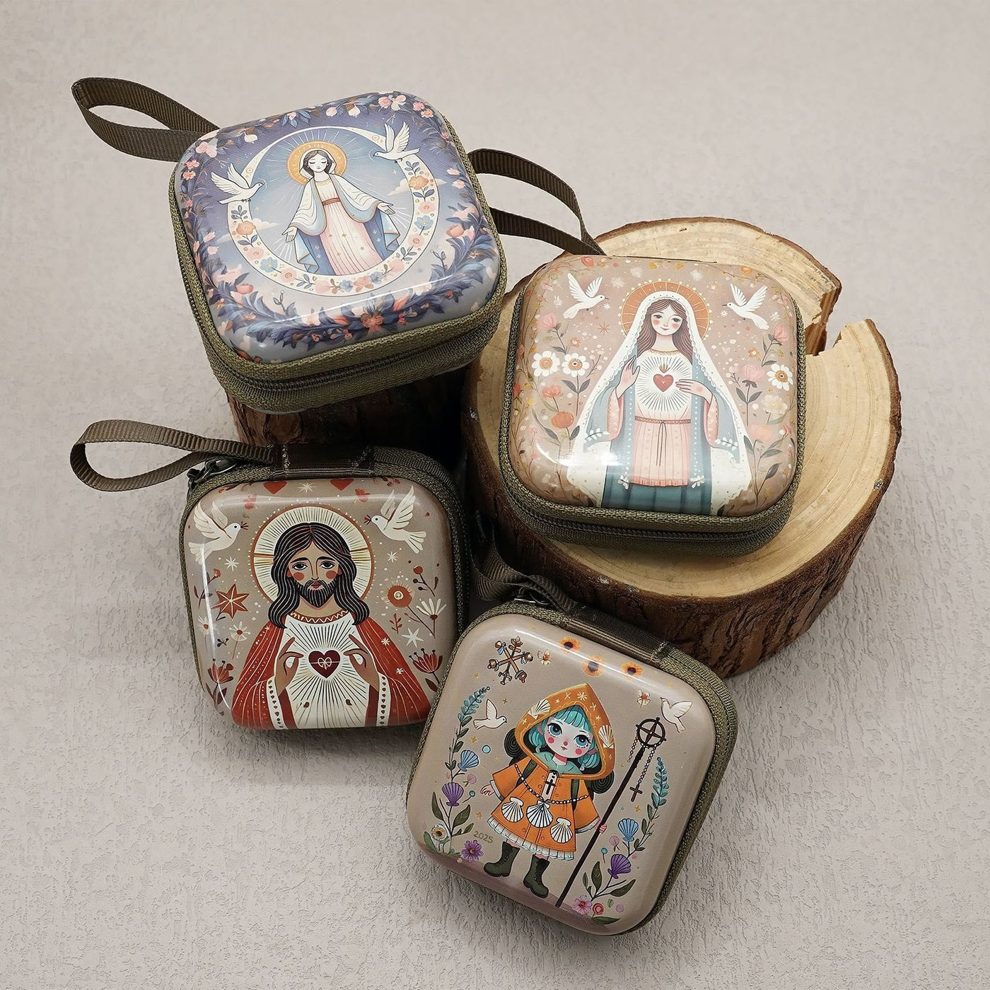 Christianartworkshop 9 Patterns Cartoon Style Square Rosary Cases: A Beautiful Blend of Faith and Function