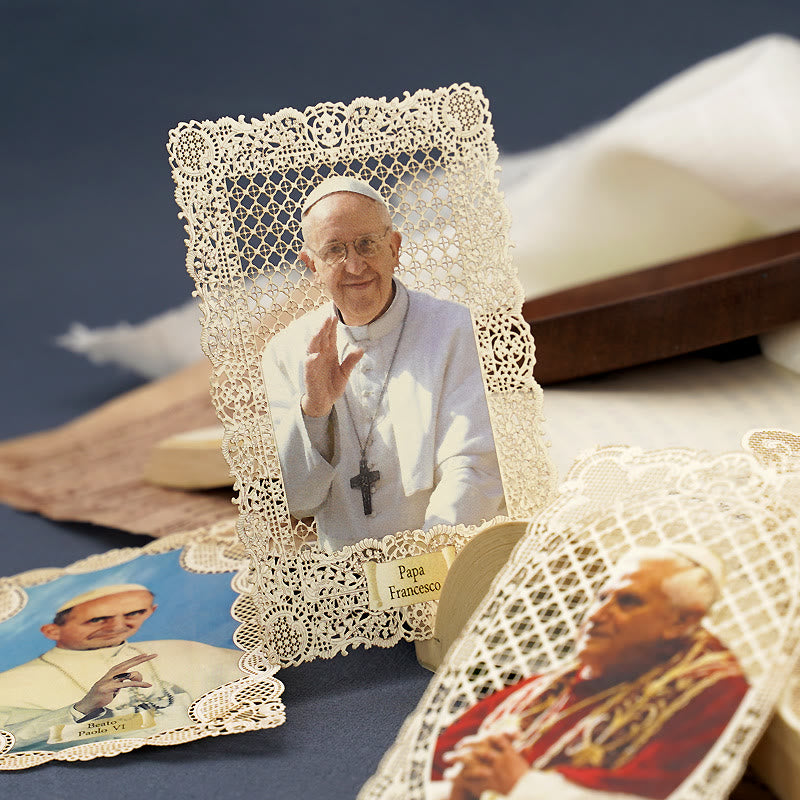 Christianartworkshop Vintage Style Papal Bookmark with Delicate Lace and Pope Francis: Spiritual Grace