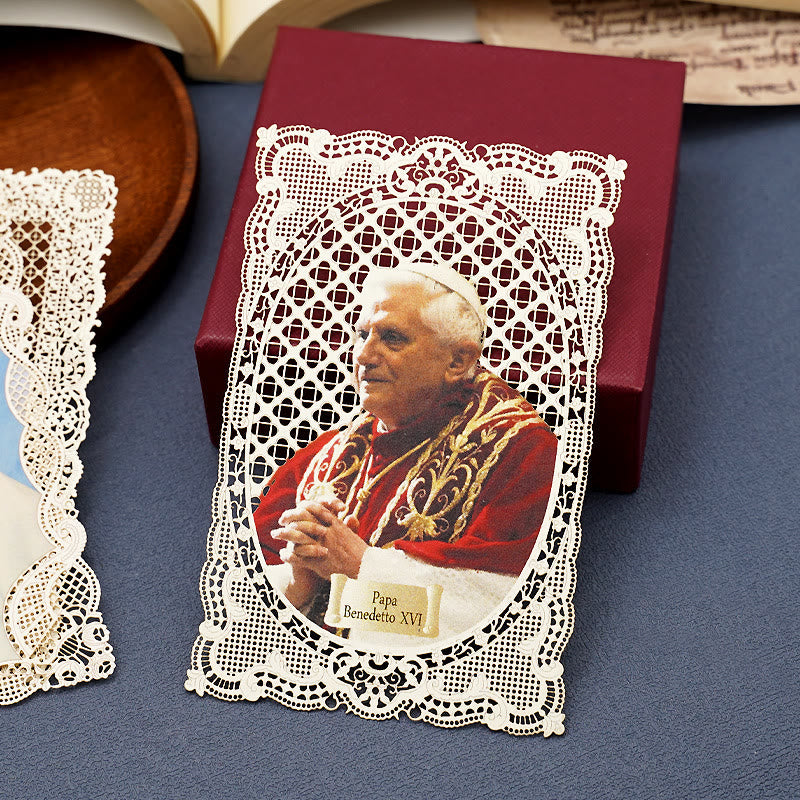 Christianartworkshop Vintage Style Papal Bookmark with Delicate Lace and Pope Francis: Spiritual Grace