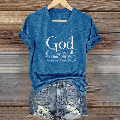 Christianartworkshop Women's God Is Still Writing Your Story Print V-Neck T-shirt