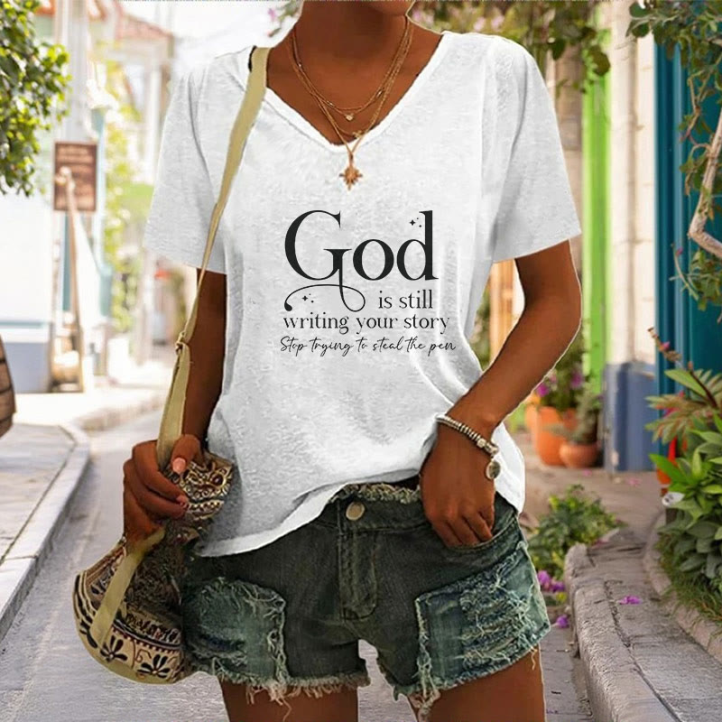 Christianartworkshop Women's God Is Still Writing Your Story Print V-Neck T-shirt