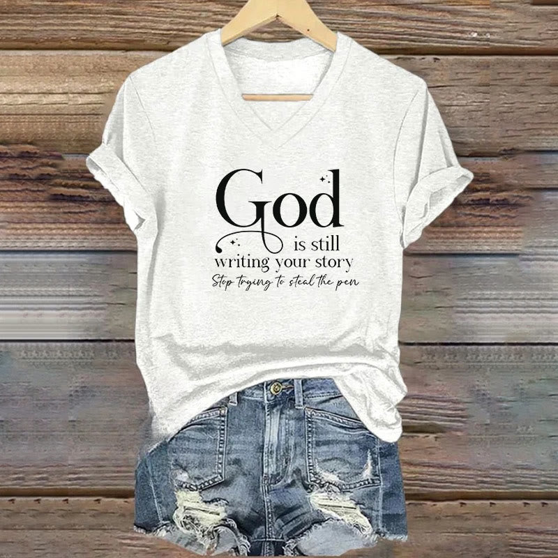 Christianartworkshop Women's God Is Still Writing Your Story Print V-Neck T-shirt
