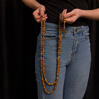 Christianartworkshop 15/20 Decade Olive Wood Rosary with St. Benedict, Crucifix & Waist Chain Design—Divine Devotion in Dual Use