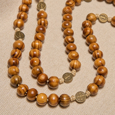 Christianartworkshop 15/20 Decade Olive Wood Rosary with St. Benedict, Crucifix & Waist Chain Design—Divine Devotion in Dual Use