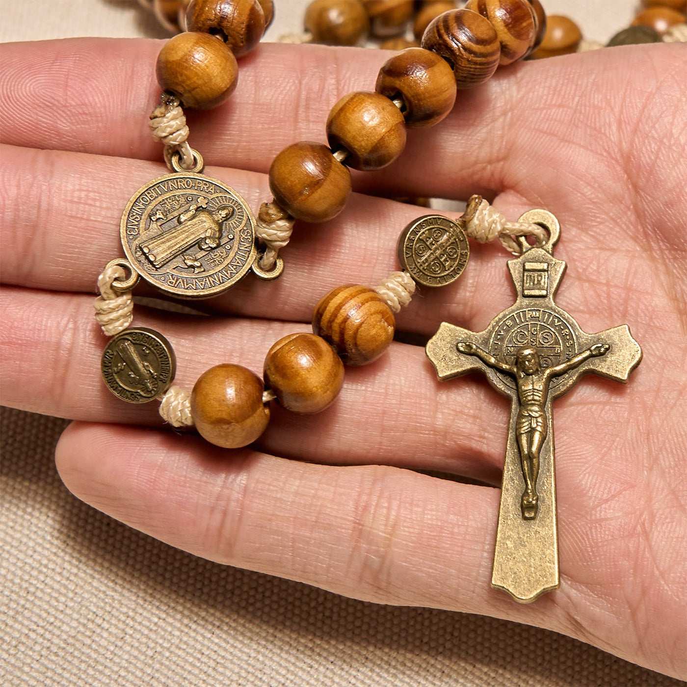 Christianartworkshop 15/20 Decade Olive Wood Rosary with St. Benedict, Crucifix & Waist Chain Design—Divine Devotion in Dual Use
