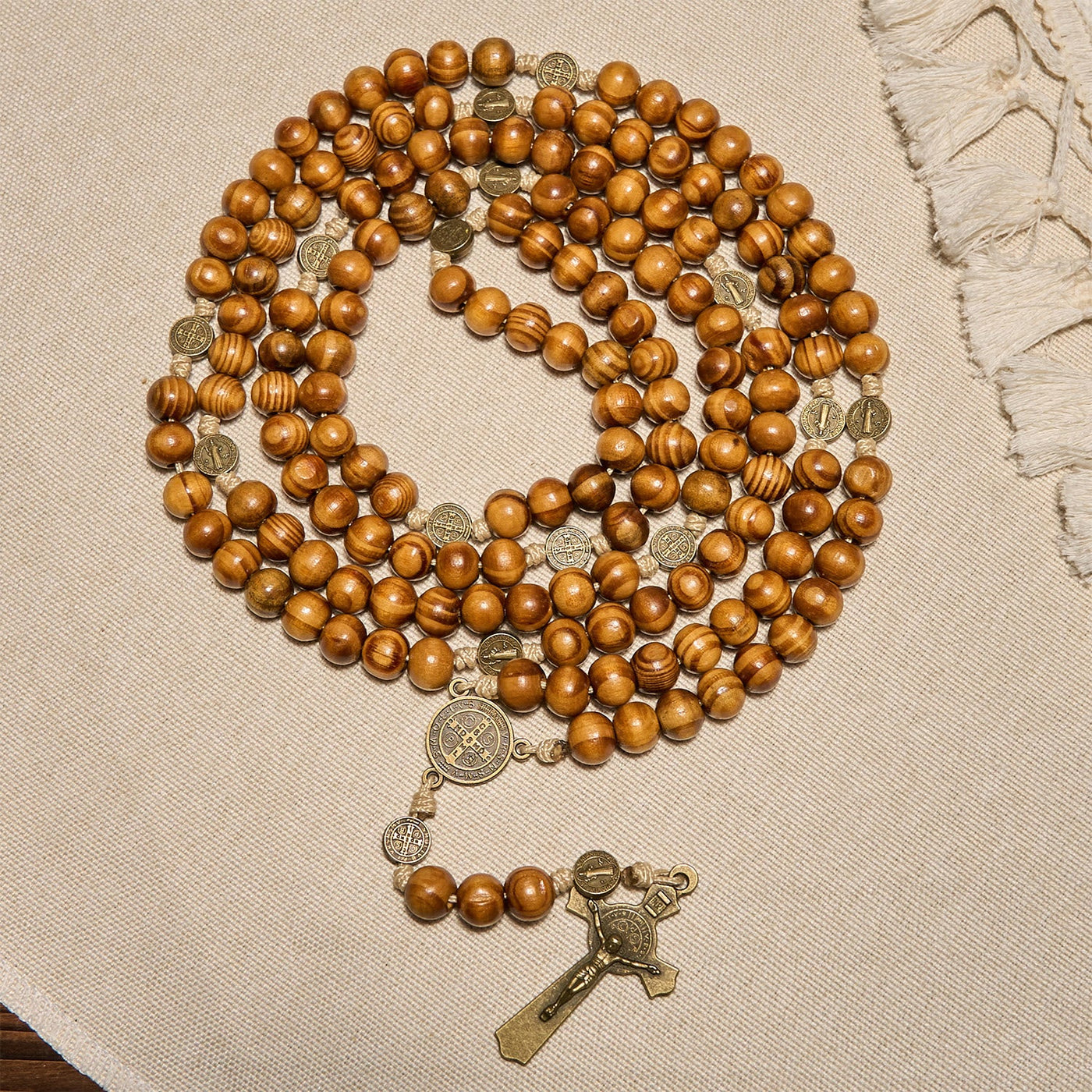 Christianartworkshop 15/20 Decade Olive Wood Rosary with St. Benedict, Crucifix & Waist Chain Design—Divine Devotion in Dual Use