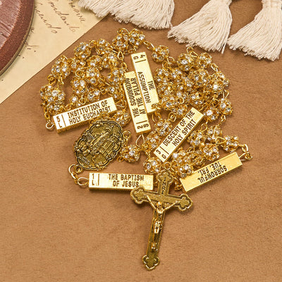 Christianartworkshop Our Lady of Fátima & Crucifix of 8 mm Round Golden Metal Gems Alloy Chain Rosary