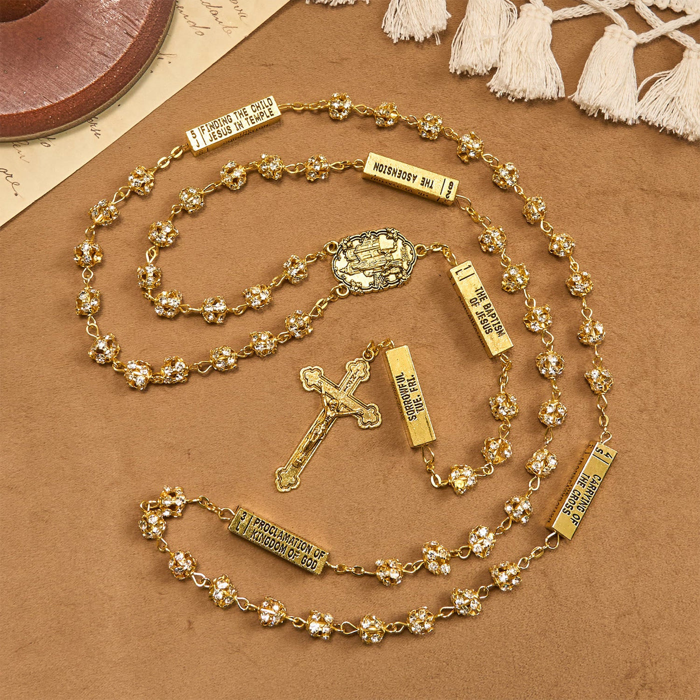 Christianartworkshop Our Lady of Fátima & Crucifix of 8 mm Round Golden Metal Gems Alloy Chain Rosary