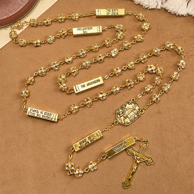 Christianartworkshop Our Lady of Fátima & Crucifix of 8 mm Round Golden Metal Gems Alloy Chain Rosary