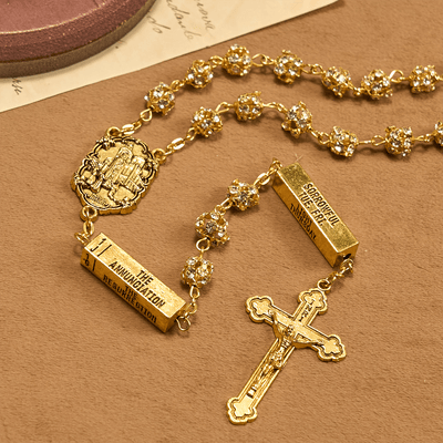 Christianartworkshop Our Lady of Fátima & Crucifix of 8 mm Round Golden Metal Gems Alloy Chain Rosary