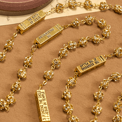 Christianartworkshop Our Lady of Fátima & Crucifix of 8 mm Round Golden Metal Gems Alloy Chain Rosary