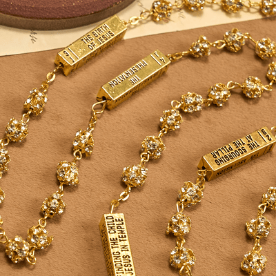 Christianartworkshop Our Lady of Fátima & Crucifix of 8 mm Round Golden Metal Gems Alloy Chain Rosary