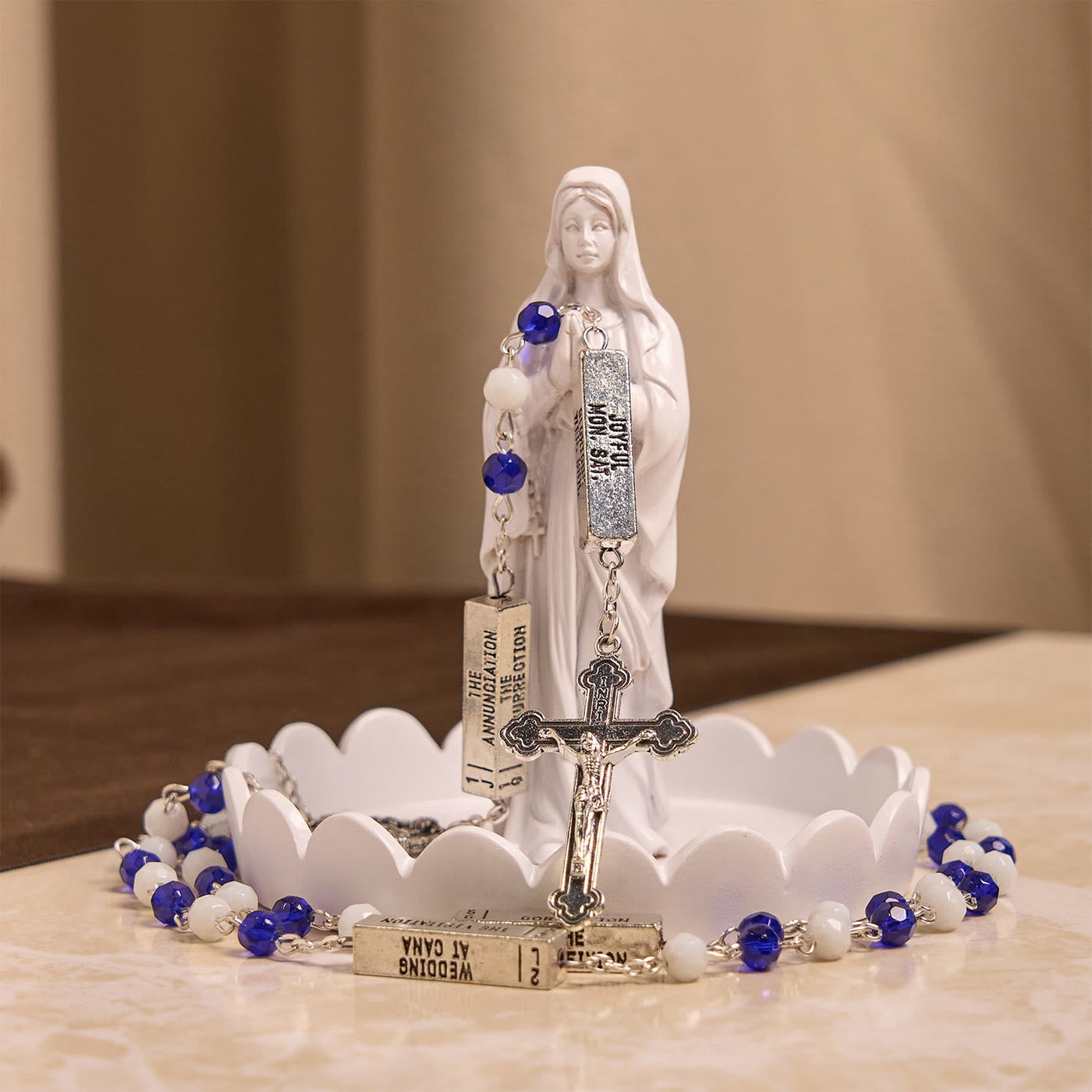 Christianartworkshop Blue & White Glass Beads Crucifix Jesus Rosary