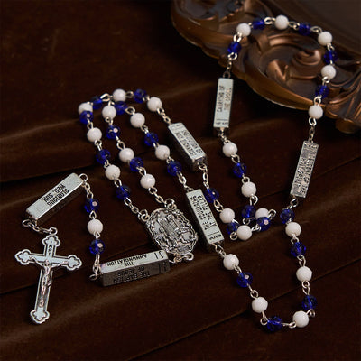 Christianartworkshop Blue & White Glass Beads Crucifix Jesus Rosary