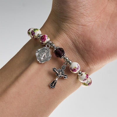 Christianartworkshop Multi-color Floral Ceramic Stretch Bracelet with Miraculous Medal & Crucifix: Subtle Faith Elegance
