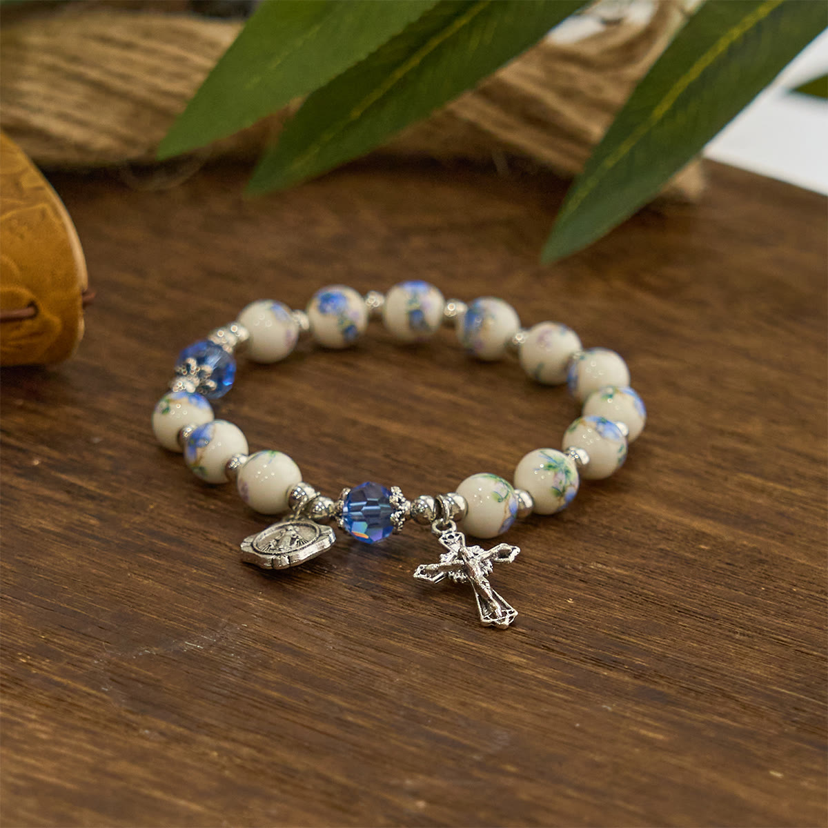 Christianartworkshop Multi-color Floral Ceramic Stretch Bracelet with Miraculous Medal & Crucifix: Subtle Faith Elegance